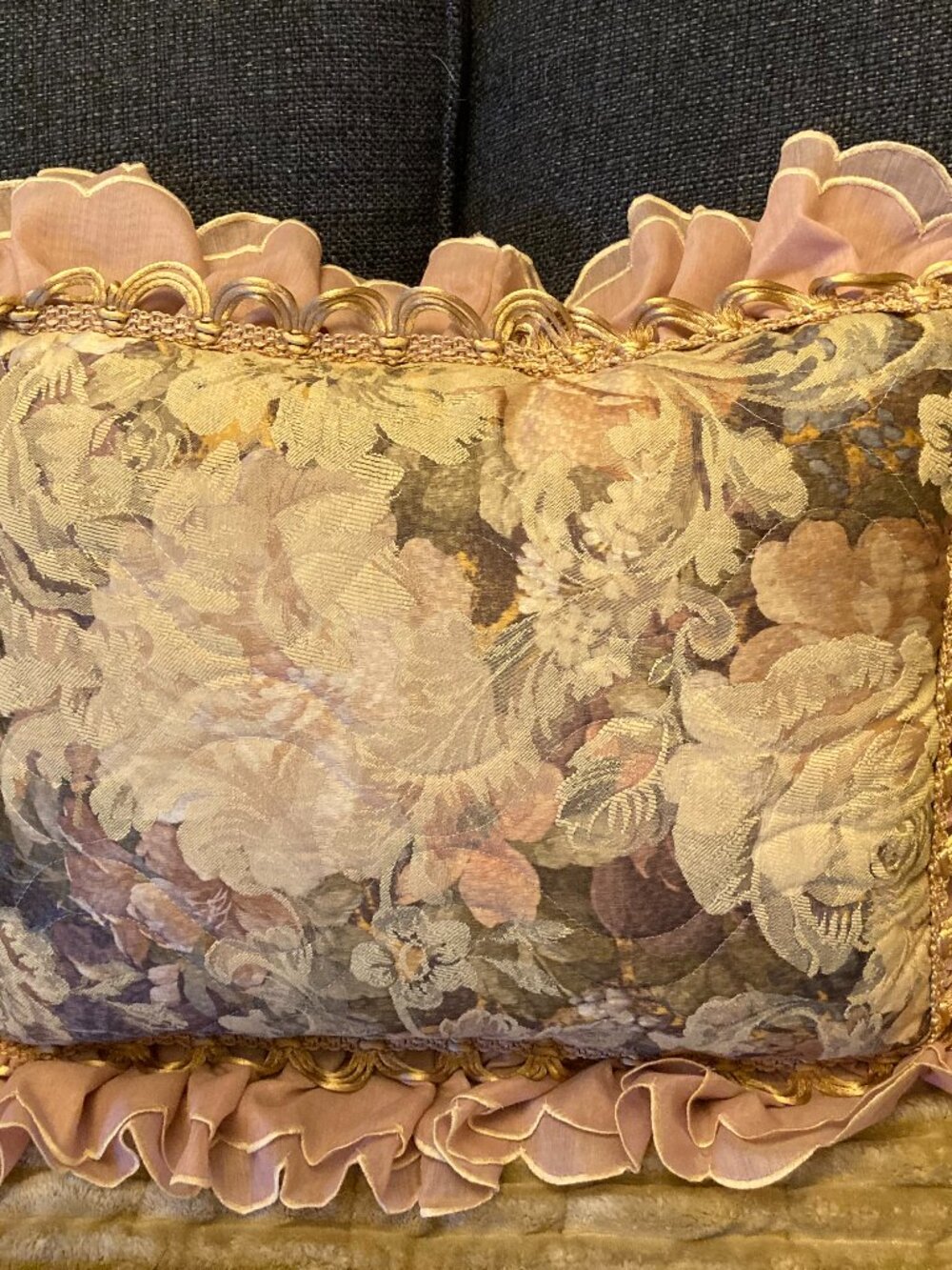 Vintage Floral Tapestry Accent Pillow with Ruffle Trim